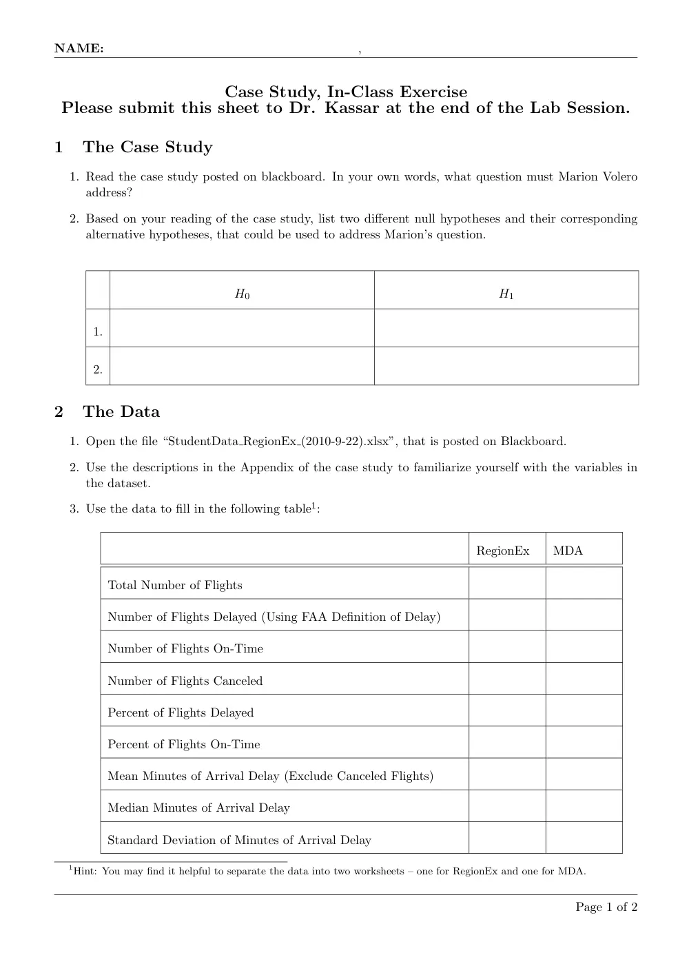 QBA 301 Project Case Study, Fall 2013, page 1