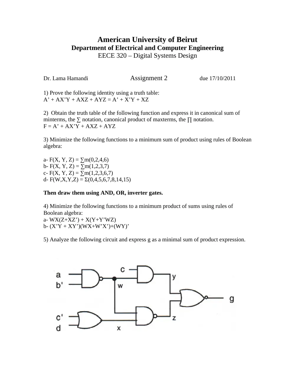 EECE 320 Homework 2, Fall 2011, page 1