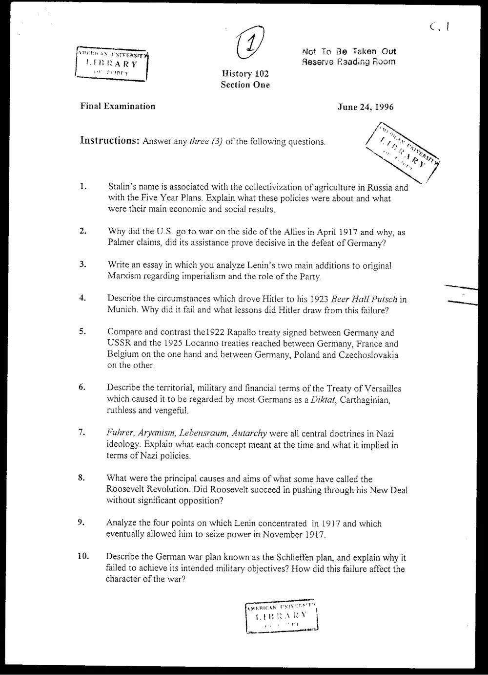 HIST 102 Final, Spring 1996, page 1