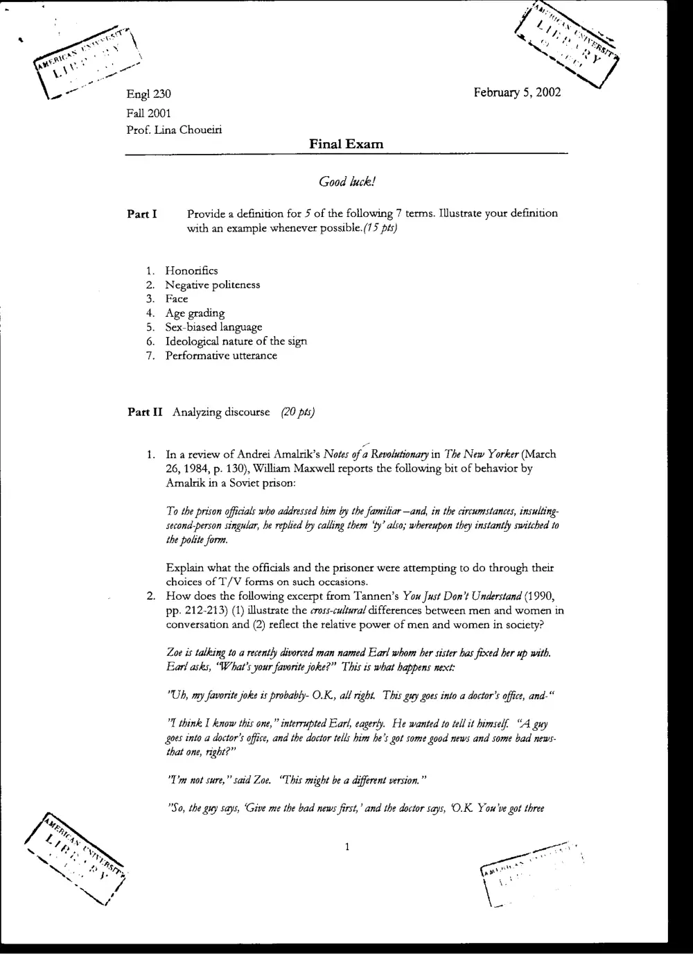 ENG 230 Final, Fall 2001, page 1