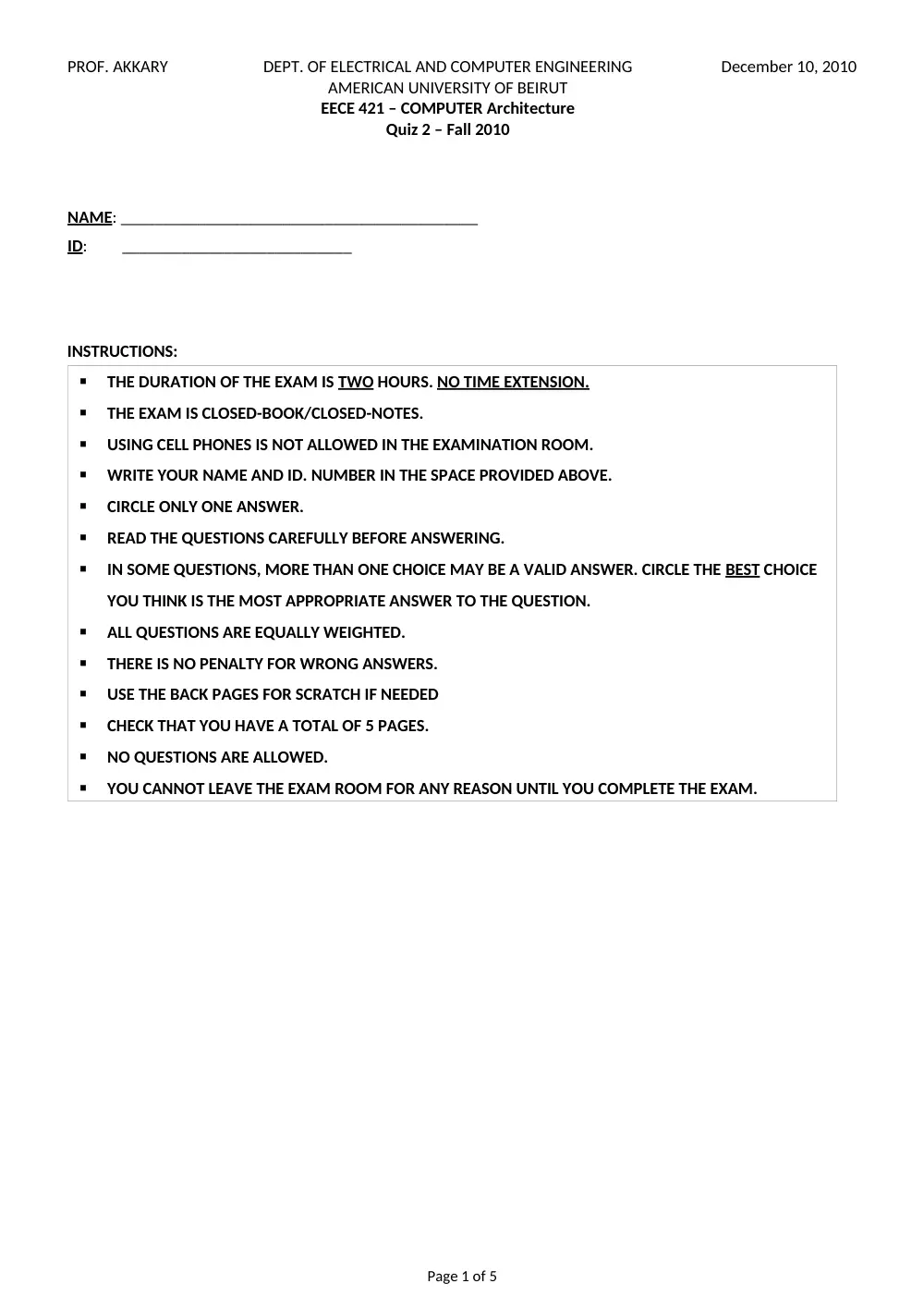 EECE 421 Exam 2, Fall 2010, page 1