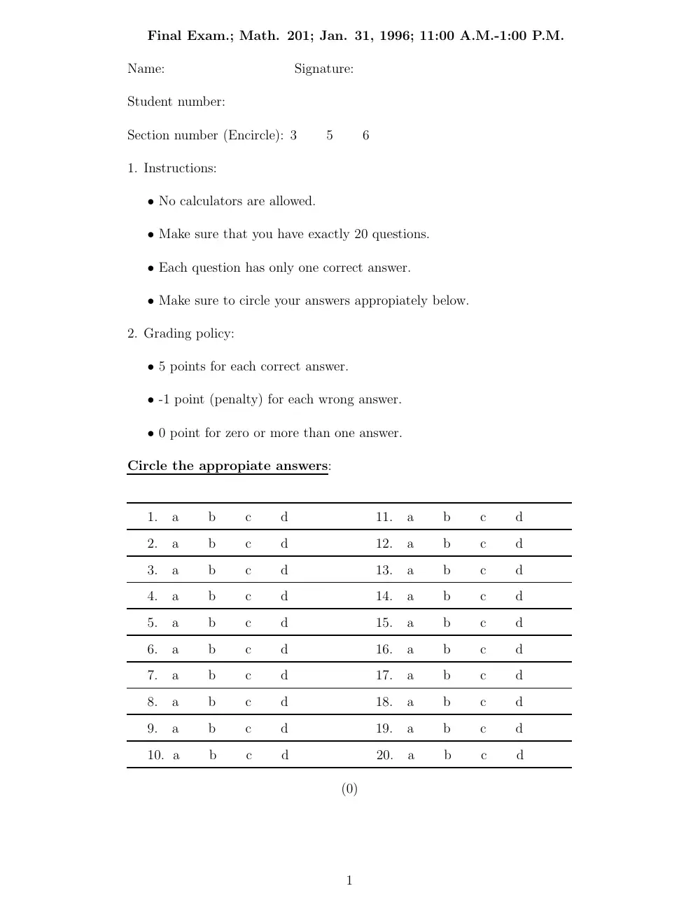 MATH 201 Exam, Spring 2008, page 1
