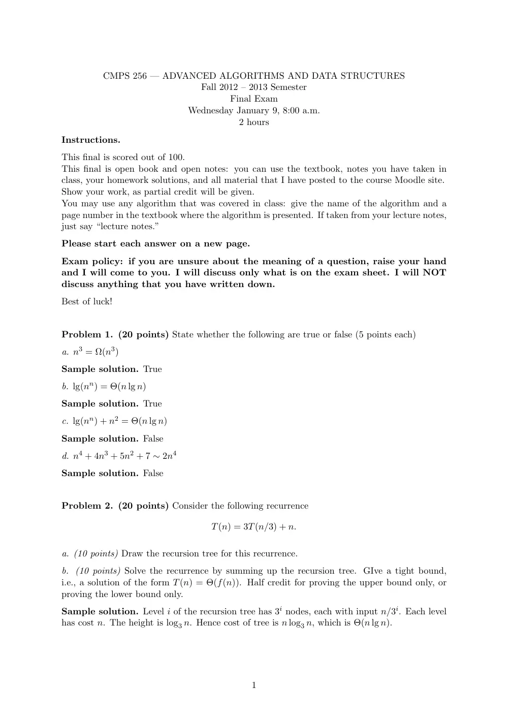 CMPS 256 Final Solutions, Fall 2012, page 1