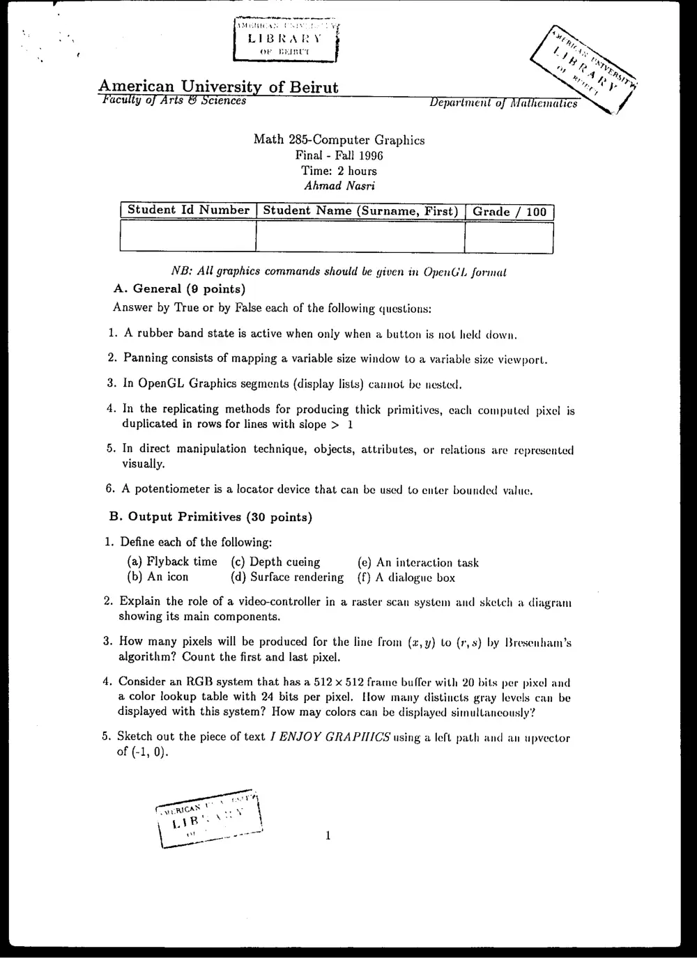 CMPS 285 Final, Fall 1995, page 1