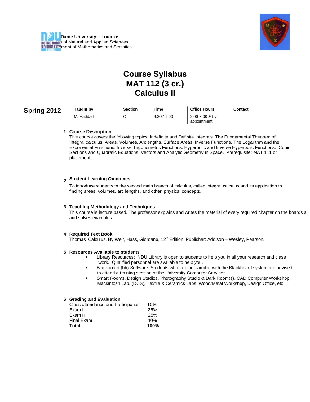 MAT 112 Syllabus, Spring 2012, page 1