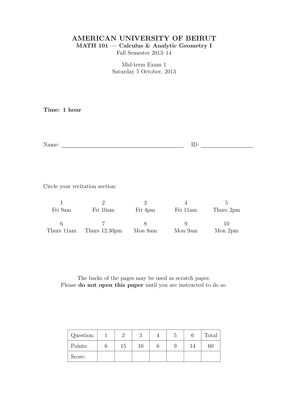 MATH 101 Midterm Quiz 1 with Solution, Fall 2013, page 1