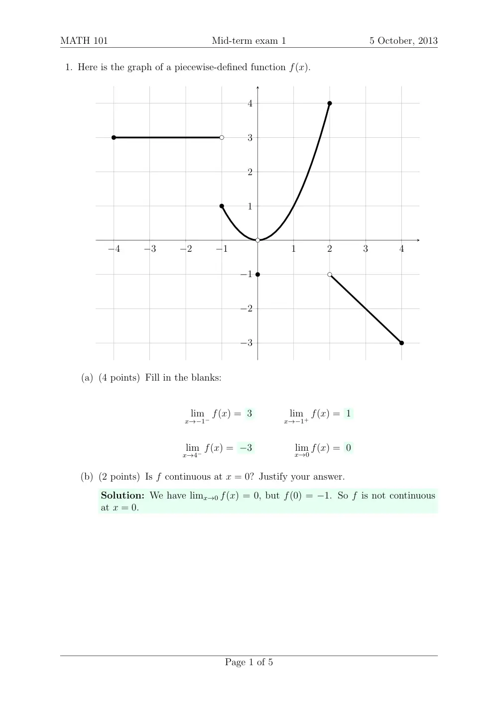 MATH 101 Midterm Quiz 1 with Solution, Fall 2013, page 2