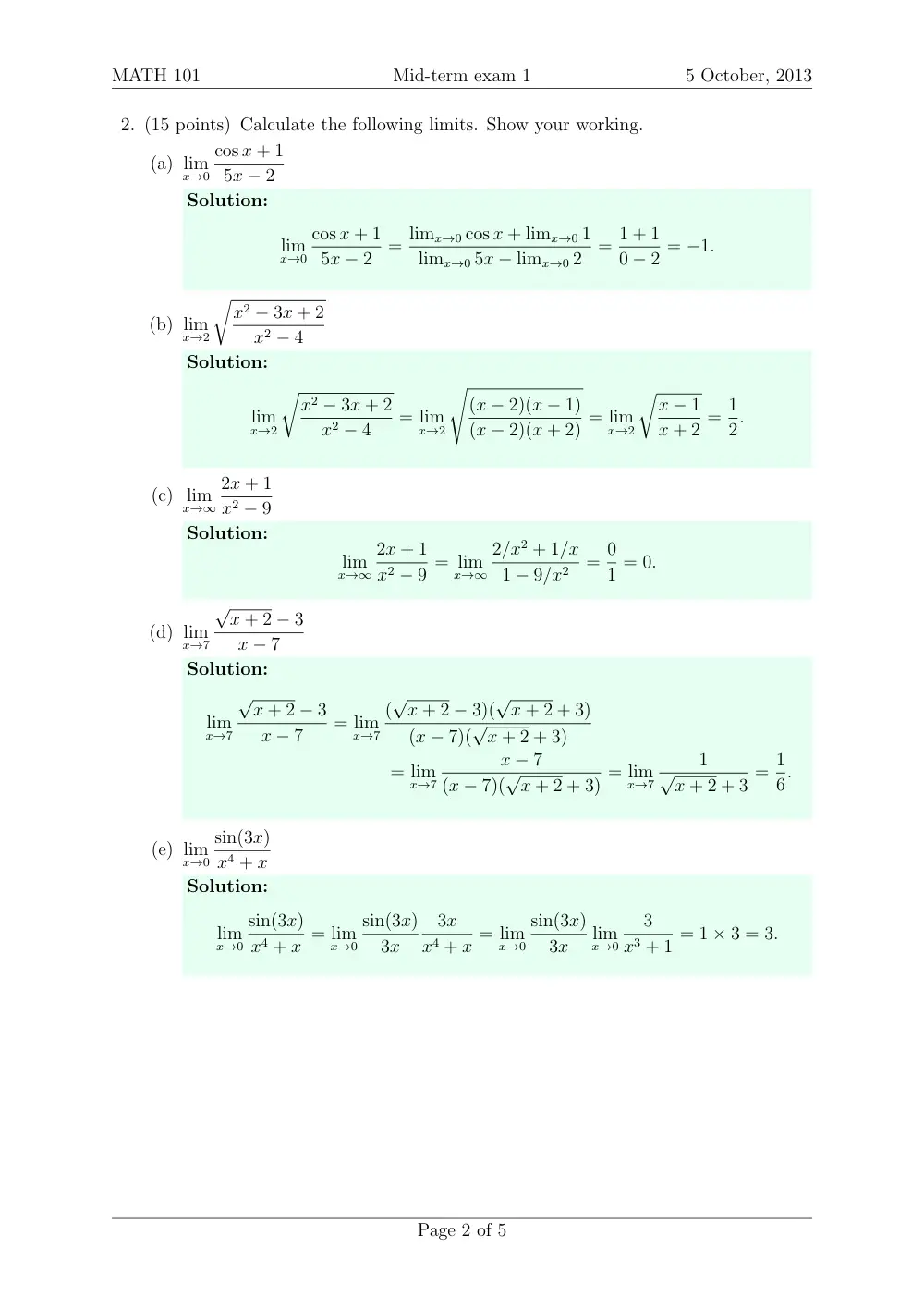 MATH 101 Midterm Quiz 1 with Solution, Fall 2013, page 3