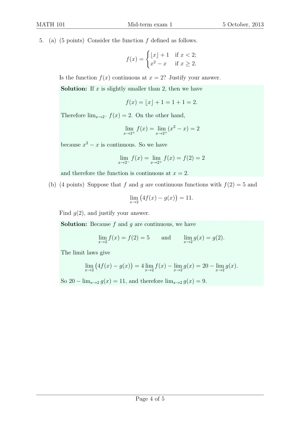 MATH 101 Midterm Quiz 1 with Solution, Fall 2013, page 5