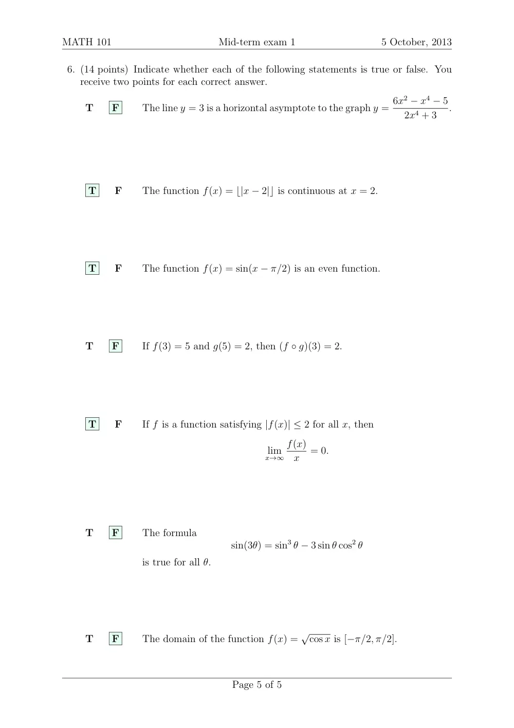 MATH 101 Midterm Quiz 1 with Solution, Fall 2013, page 6