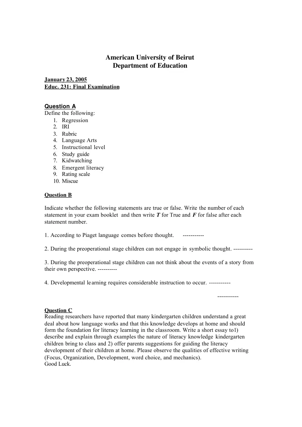 EDUC 231 Final, Fall 2005, page 1