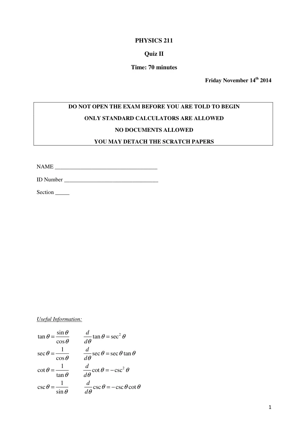 PHYS 211 Exam 2, Fall 2014, page 1