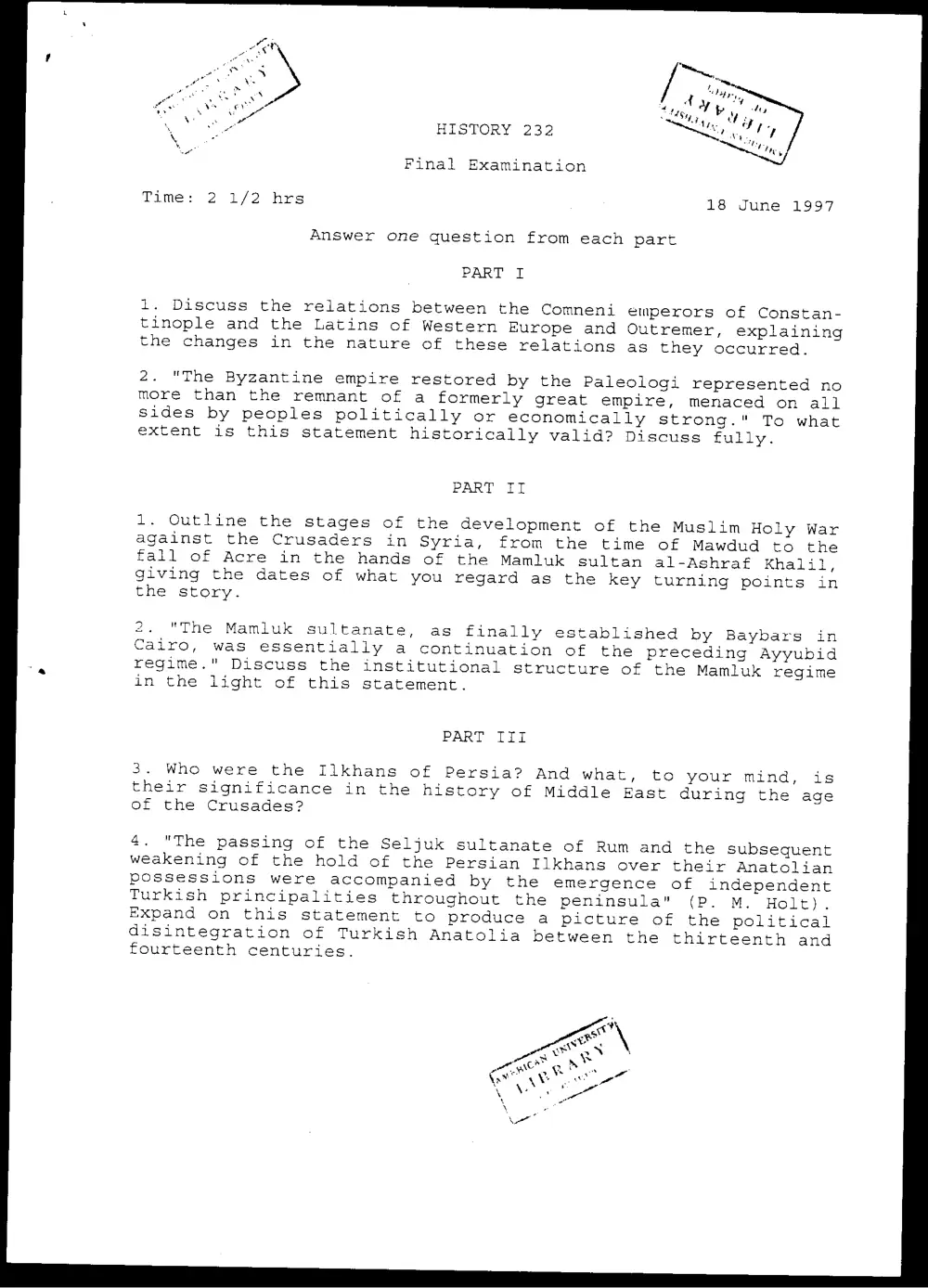HIST 232 Final, Spring 1997, page 1