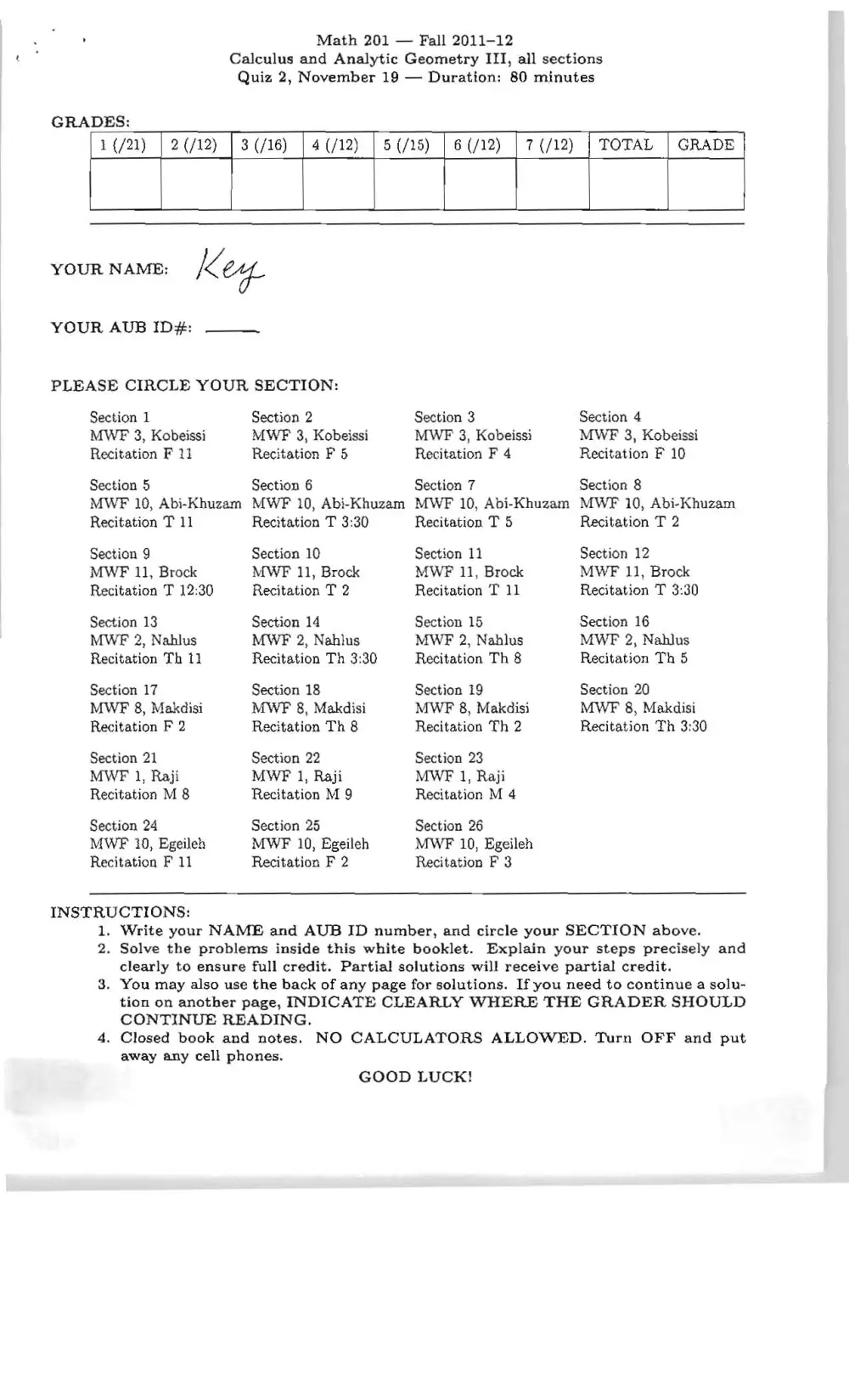 MATH 201 Exam 2 with Solution, Fall 2011, page 1