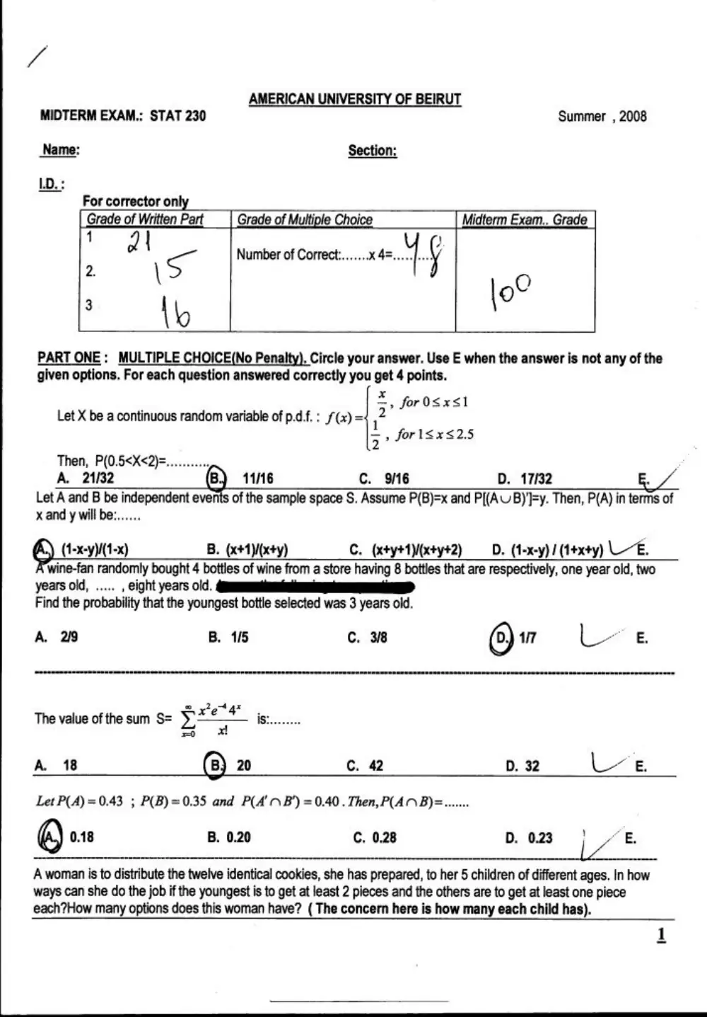 STAT 230 Midterm, Spring 2008, page 1