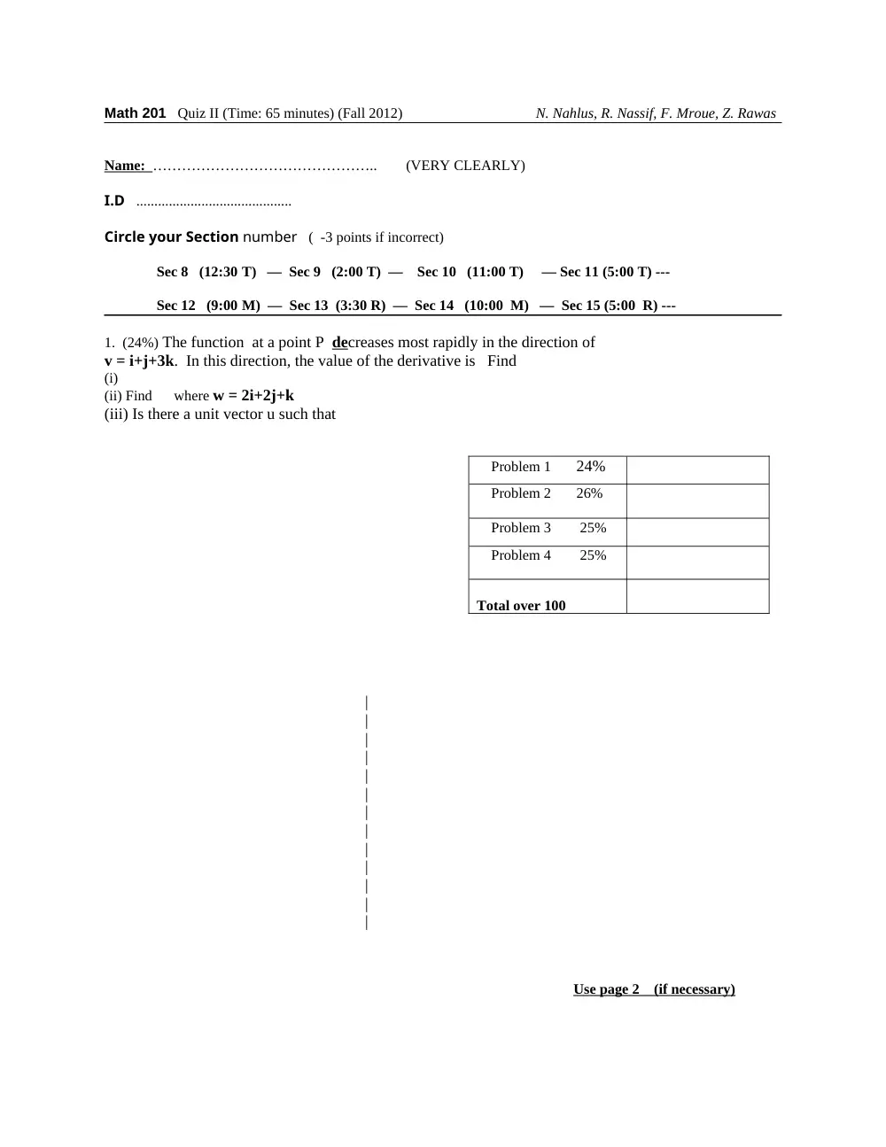 MATH 201 Exam 2, Fall 2014, page 1