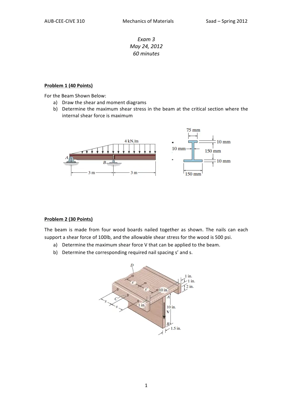 CIVE 310 Exam 3 Previouses Zip File (No Solution), Fall 2015, page 1