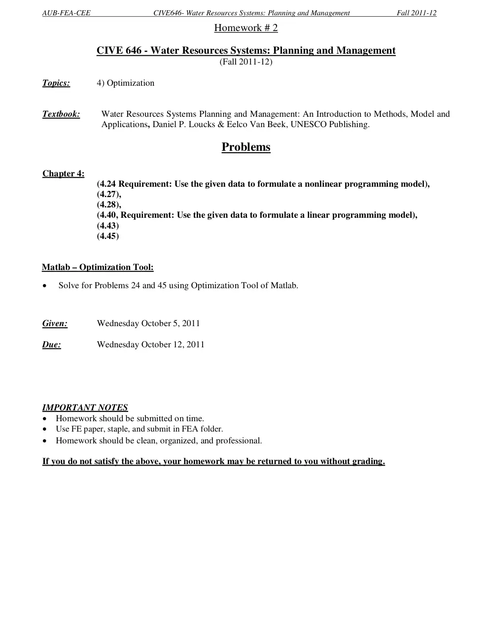 CIVE 646 Homework 2 Optimization (handout), Fall 2011, page 1