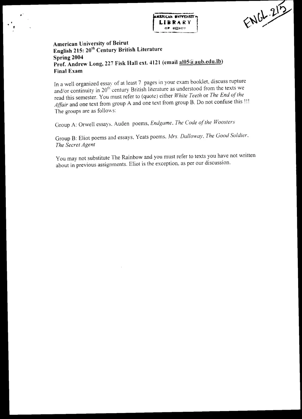 ENG 215 Final, Spring 2004, page 1