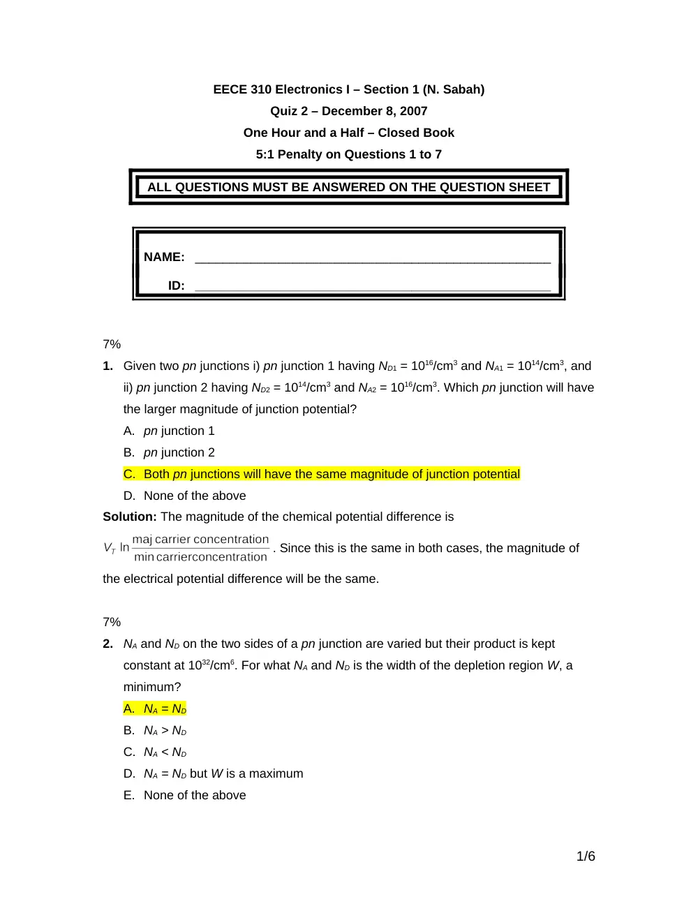 EECE 310 Exam 2, Fall 2007, page 1