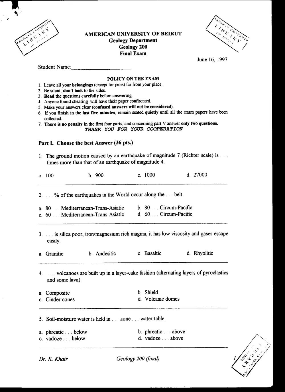 GEOL 200 Final, Spring 1997, page 1