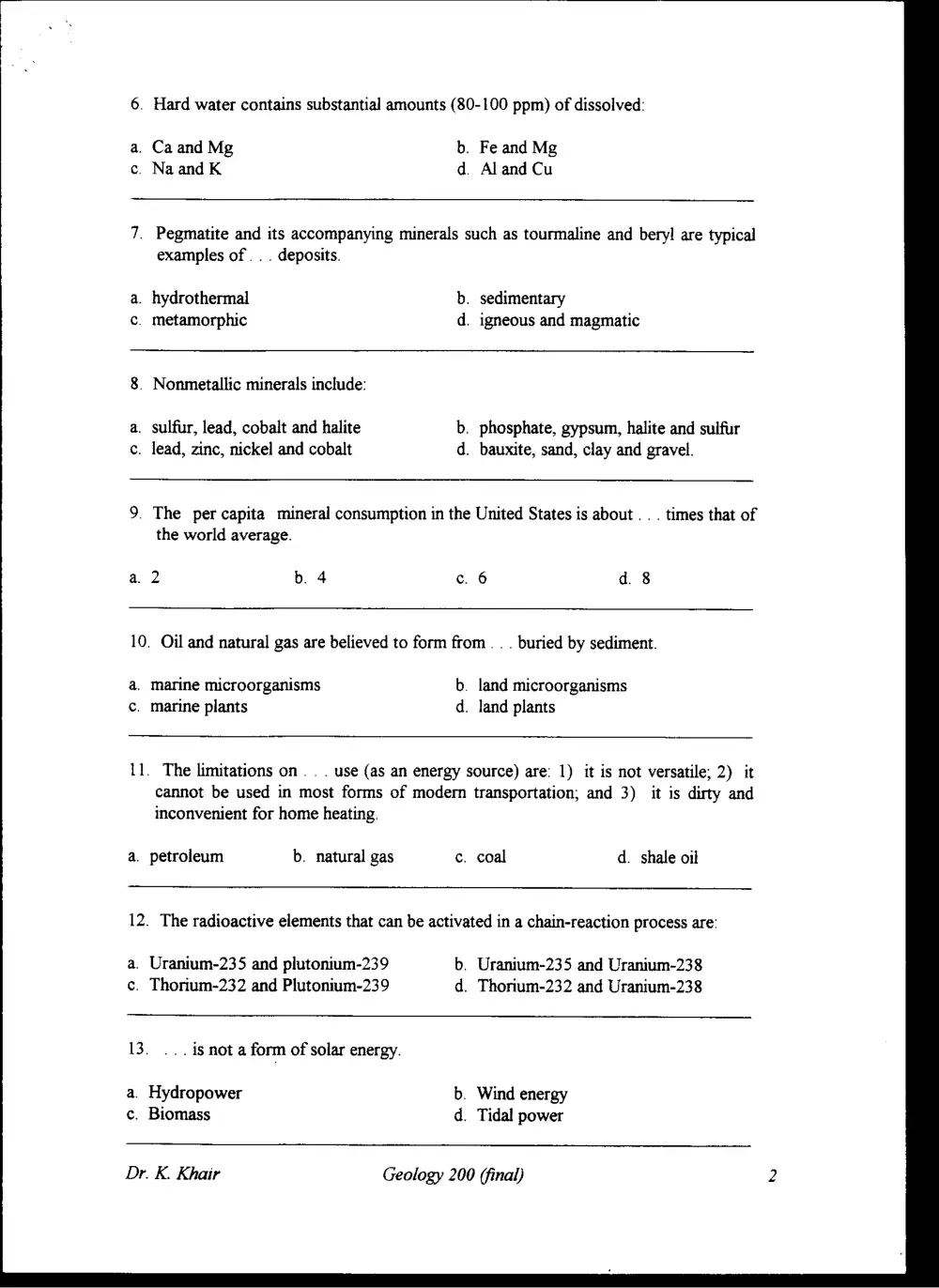 GEOL 200 Final, Spring 1997, page 2