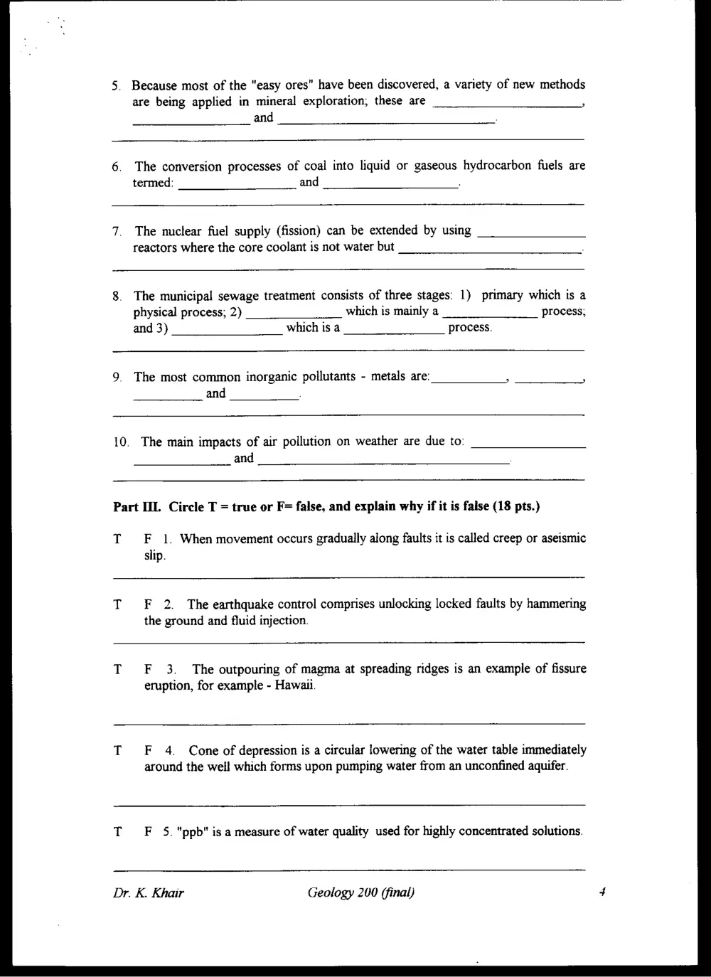 GEOL 200 Final, Spring 1997, page 4