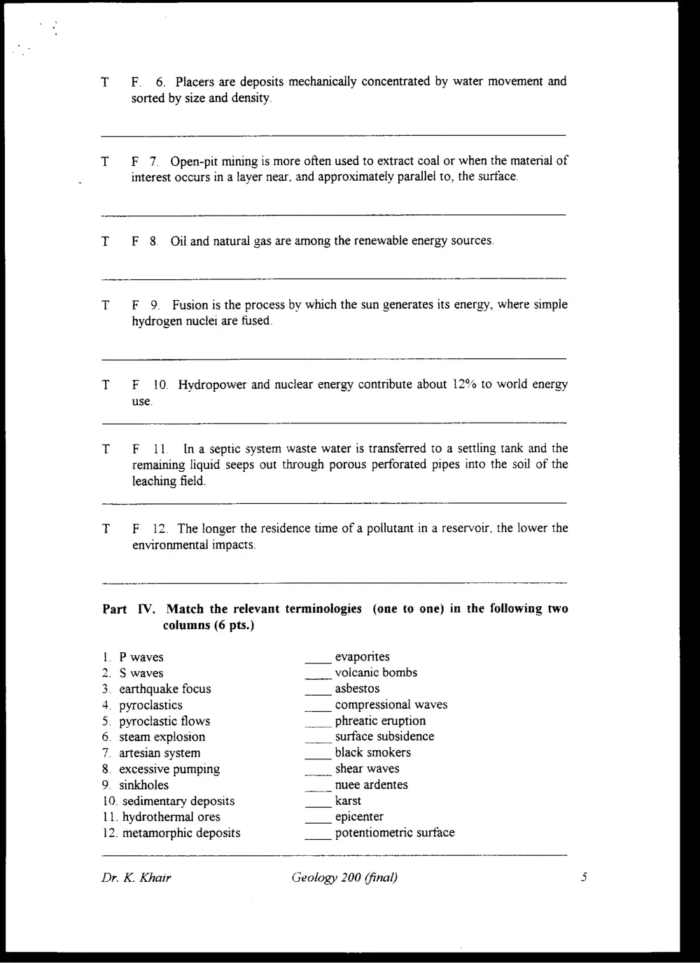 GEOL 200 Final, Spring 1997, page 5
