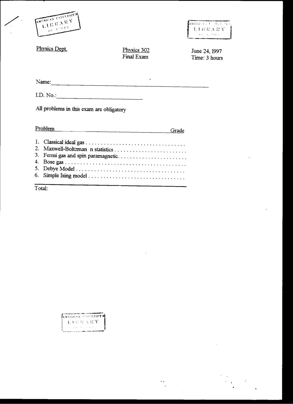 PHYS 302 Final, Spring 1997, page 1
