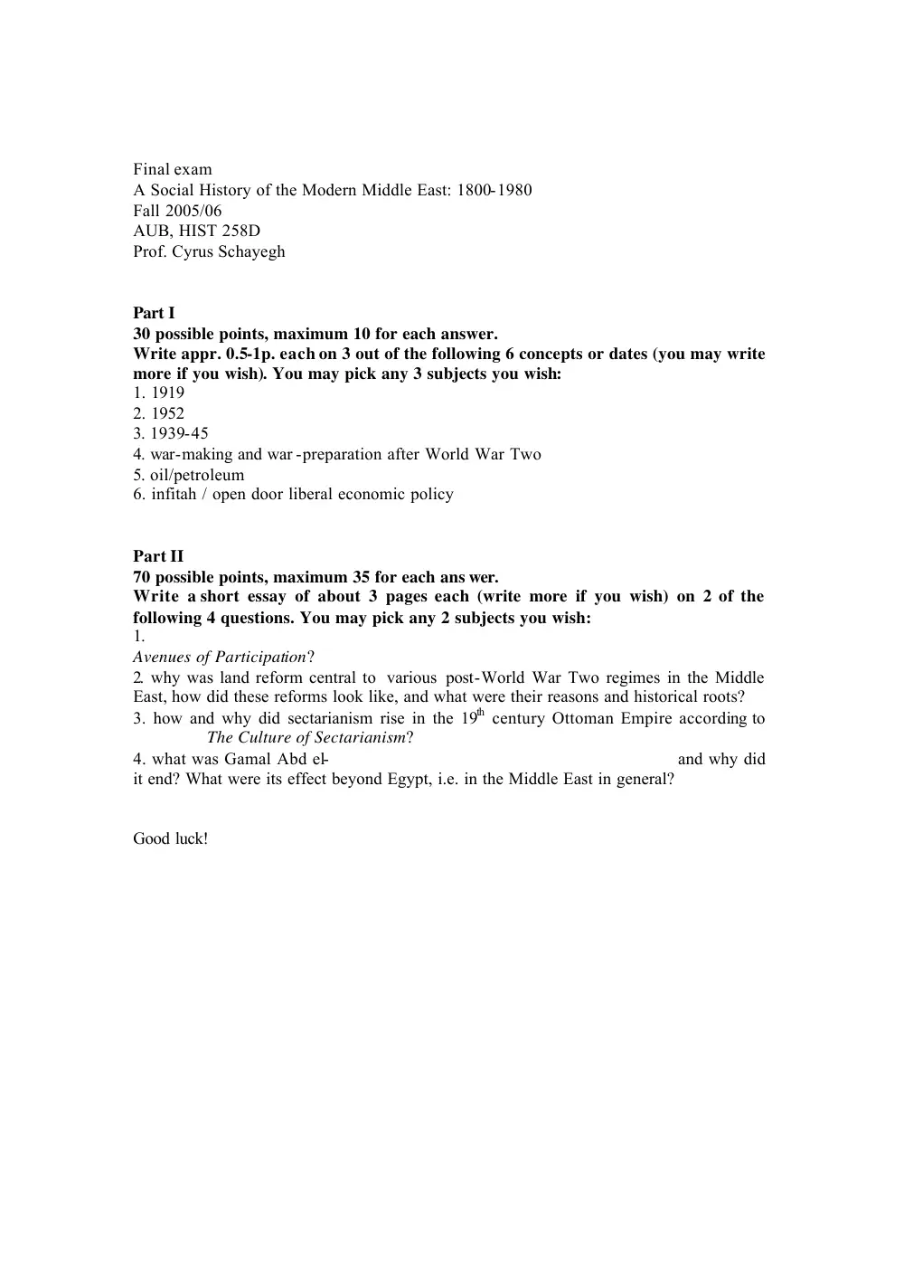 HIST 258 Final, Fall 2005, page 1
