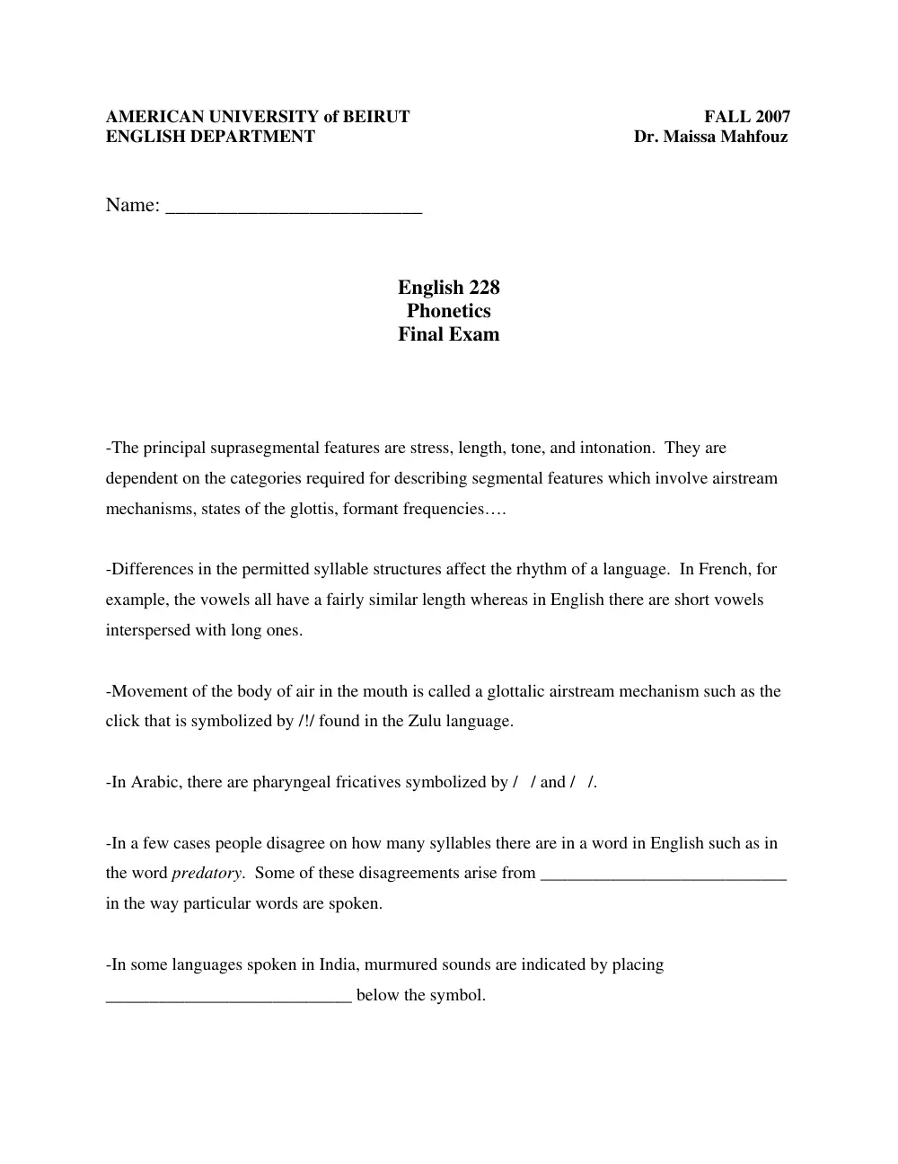 ENG 228 Final, Fall 2007, page 1