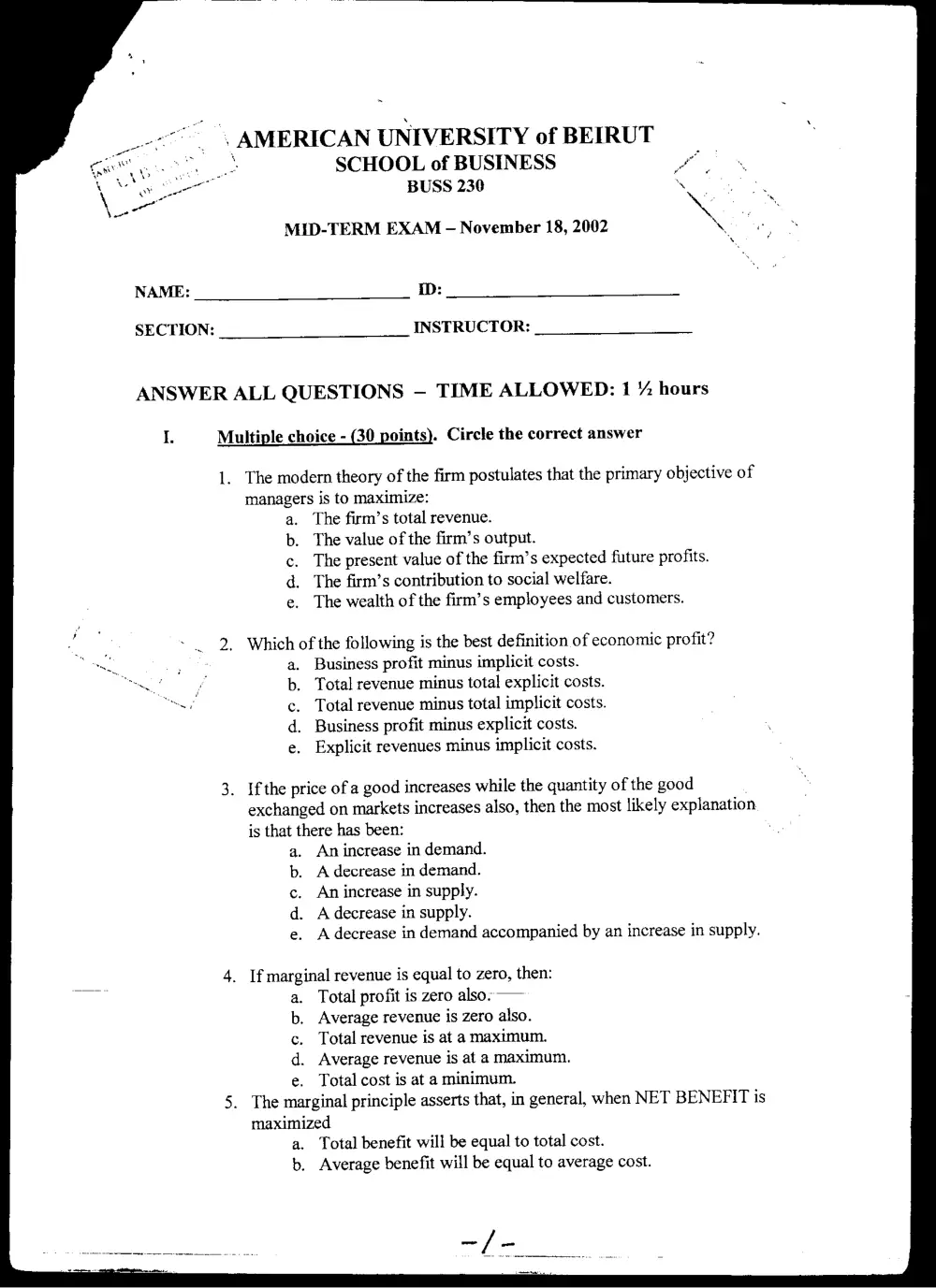 BUSS 230 Midterm, Fall 2003, page 1
