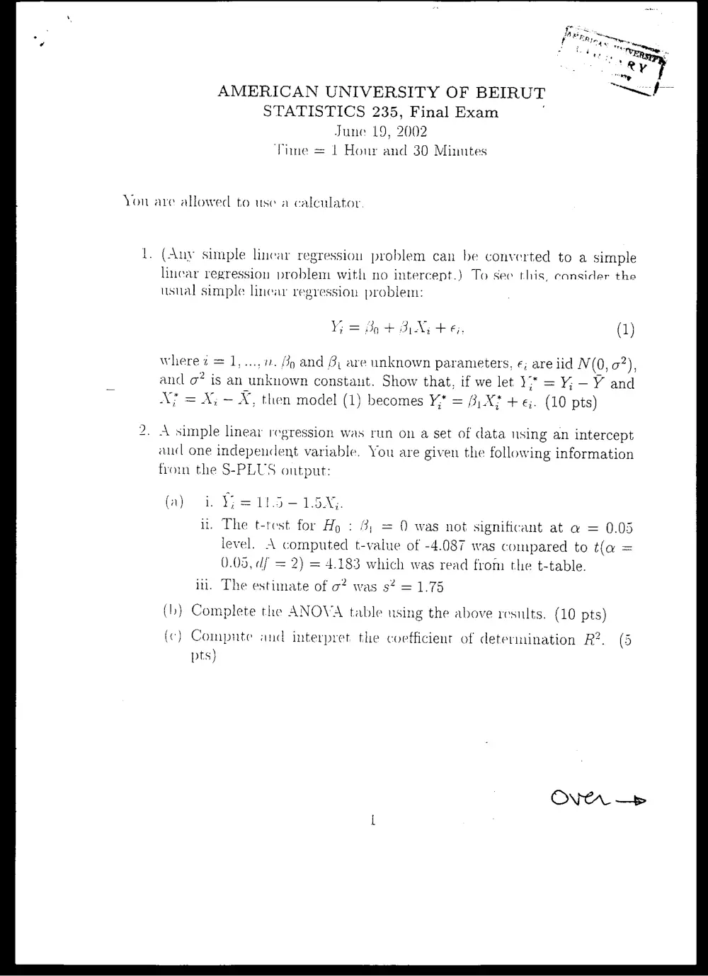 STAT 235 Final, Spring 2002, page 1